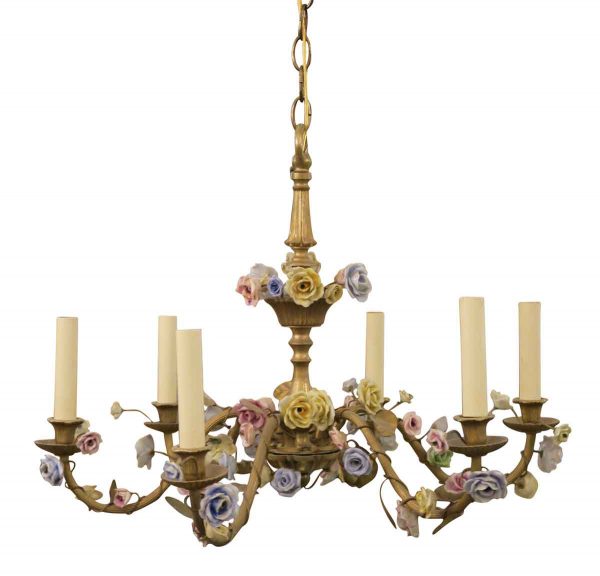 1920s French Louis XVI Six Arm Floral Chandelier with Porcelain Flowers - Chandeliers