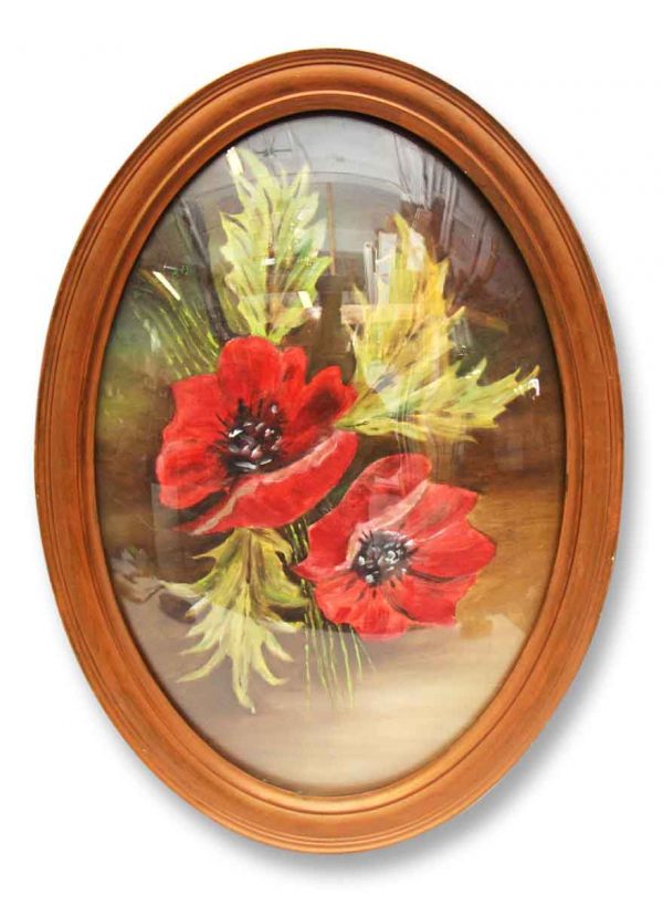 Vintage Oval Frame with Curved Glass & Poppy Flower - Paintings