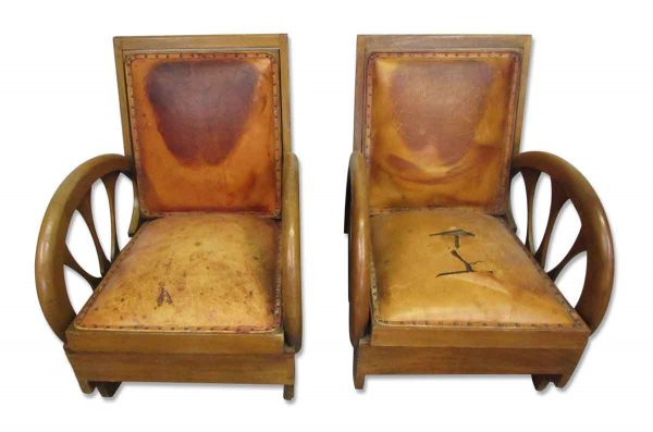 Rare Carved Wood & Leather Lounge Chairs - Living Room