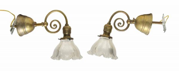 Brass Sconces with Scalloped Holophane Glass Shades - Sconces & Wall Lighting
