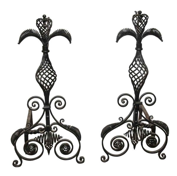 Pair of Unique Large Hand Wrought Andirons - Andirons