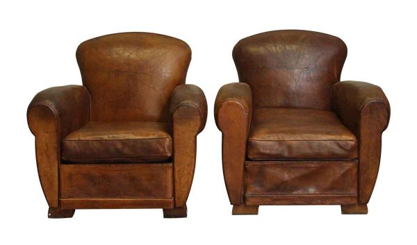 Pair of Refurbished Brown Leather Club Chairs - Living Room