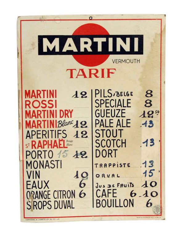 French Imported Martini Menu - Vintage Signs