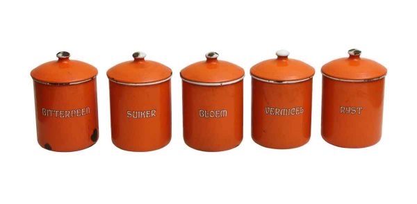 Set of Five Orange Kitchen Metal Canisters - Kitchen