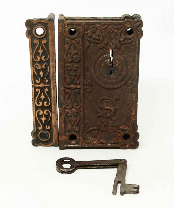 Antique Ornate Emblematic Rim Lock with Key - Door Locks