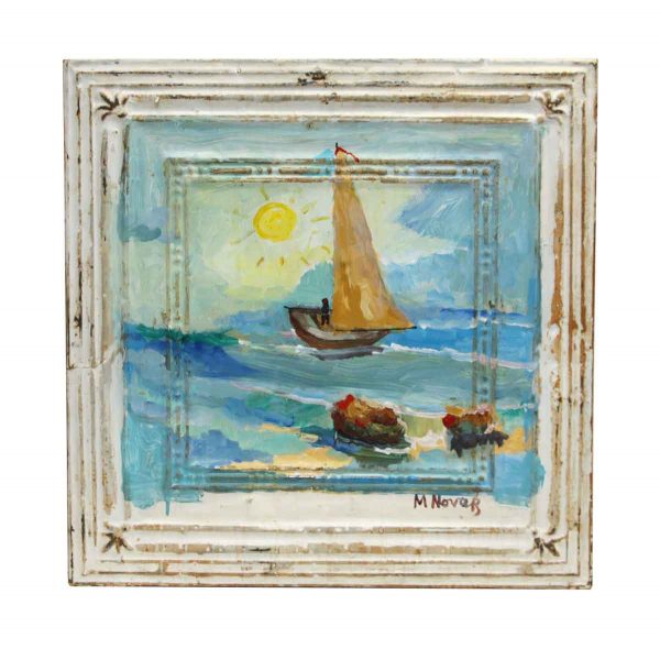 Hand Painted Boat Portrait Antique Tin Panel - Hand Painted Panels