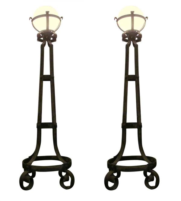 Exterior Lighting - Pair of Antique Wrought Iron Exterior Torchiere Lamps