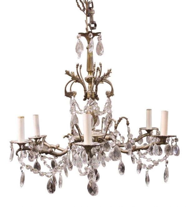 Chandeliers - Crystal & Brass Six Arm Chandelier from the Waldorf Astoria Hotel