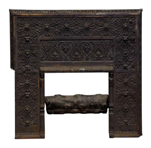 Screens & Covers - Cast Iron Queen Anne Style Ornate Fireplace Insert with Faux Log