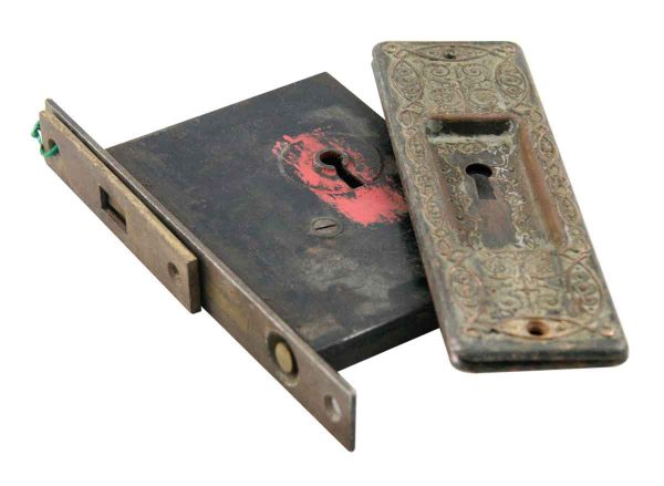 Pocket Door Hardware - Mortise Lock & Ornate Pocket Door Back Plate Set
