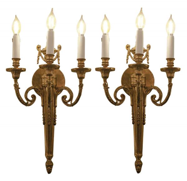Sconces & Wall Lighting - French Cast Brass Triple Arm Sconces from The Waldorf Astoria