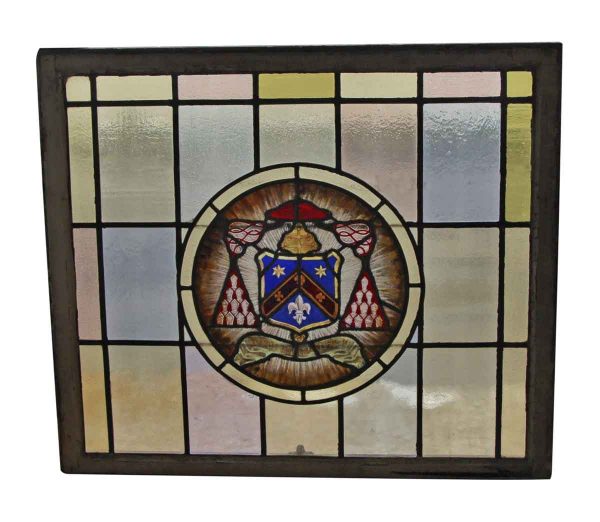 Stained Glass - Large Sash Stained Glass Window with Center Shield Motif