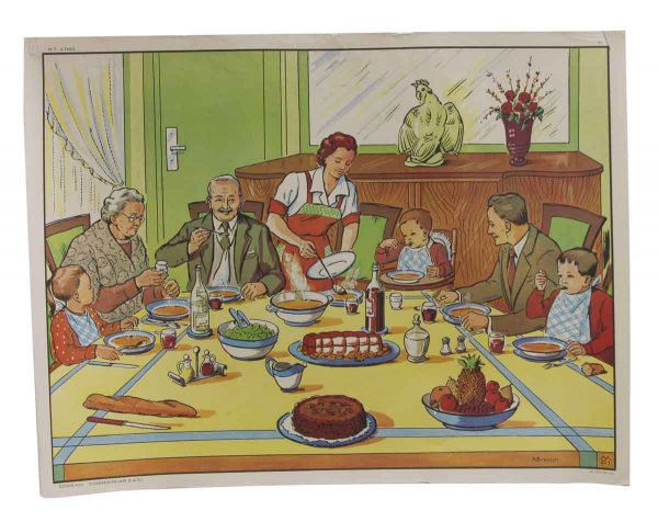 Posters - Double Sided Vintage French Dinner Time & Family School Poster