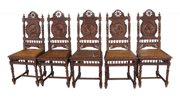 Seating - Set of 5 Antique English Renaissance Carved Wooden Chairs