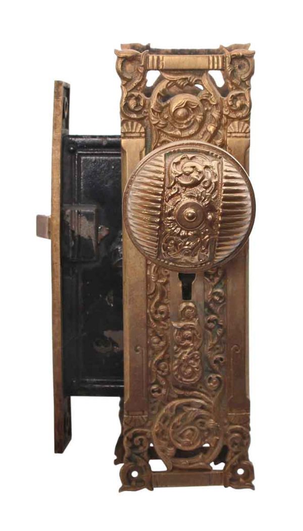 Door Knob Sets - Antique Columbian Brass Entry Door Knob & Back Plate Set
