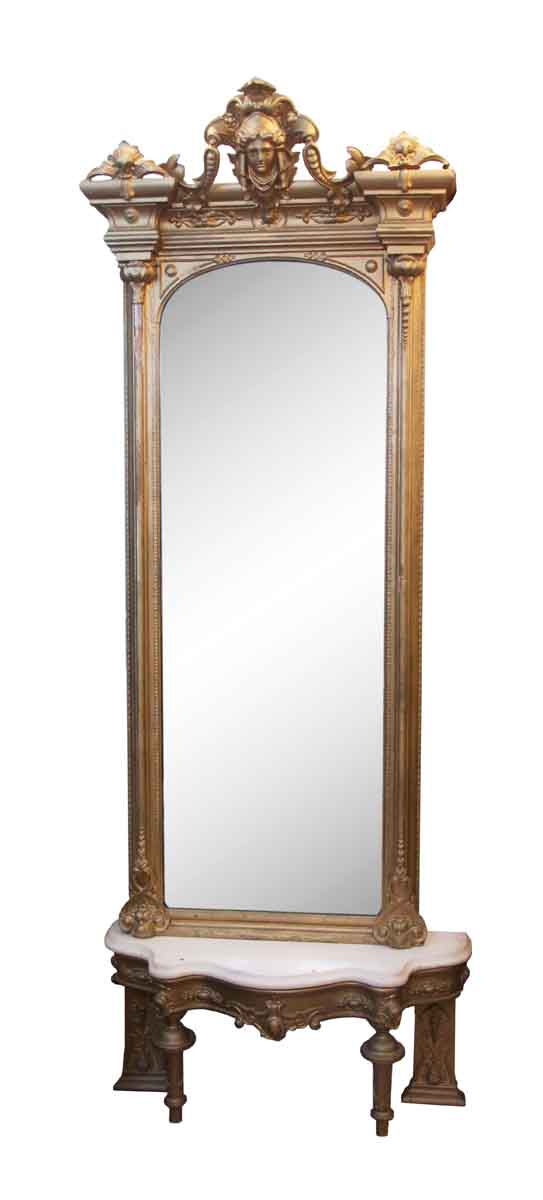 Antique Mirrors - 1870s Victorian Gilt Wood Figural Mirror with Matching Marble Top Table