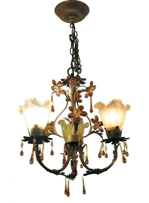Chandeliers - Three Arm Iron & Crystal Chandelier with Glass Shades