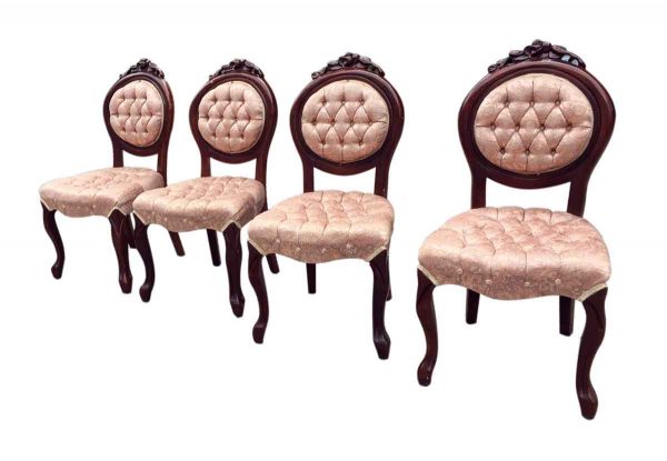 Kitchen & Dining - Set of Four French Dining Chairs with Tufted Pink Silk Upholstery