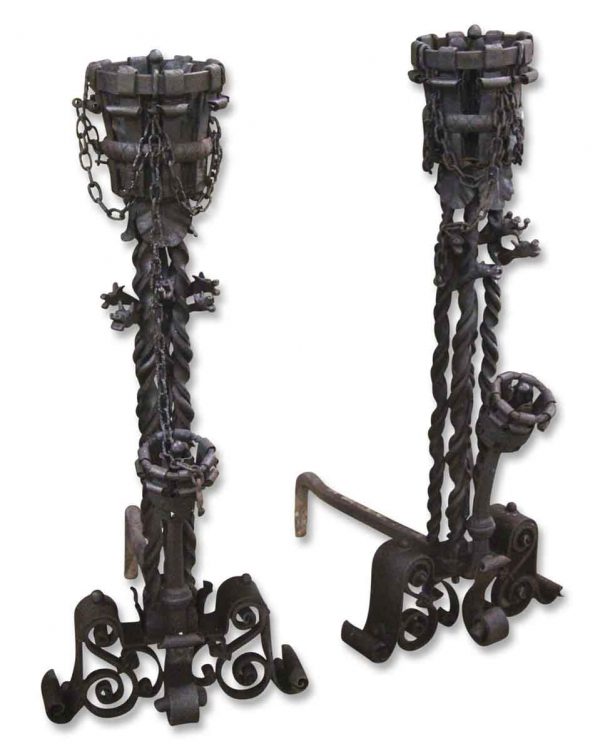 Andirons - Pair of Magnificent Wrought Iron Andirons with Scroll Detail