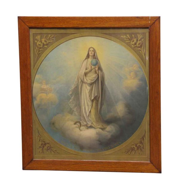 Religious Antiques - Large Wood Framed Virgin Mary Photo