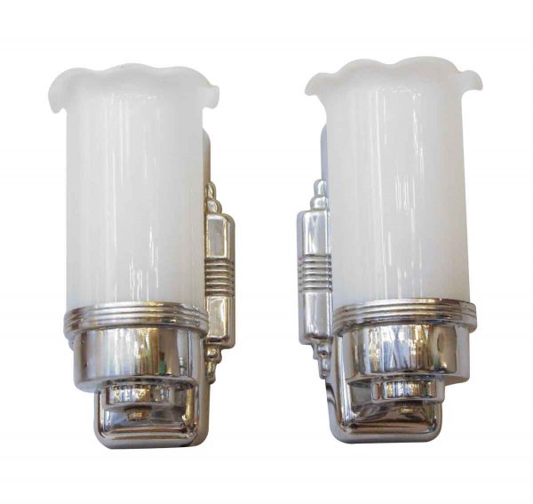 Sconces & Wall Lighting - Pair of Art Deco Sconces with White Glass Shades