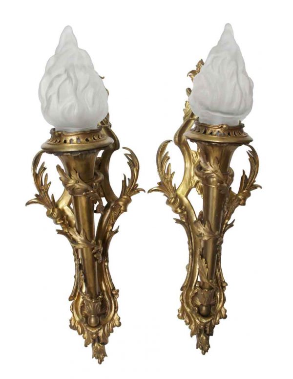 Sconces & Wall Lighting - Pair of Bronze Ornate Sconces with Glass Torch Shades