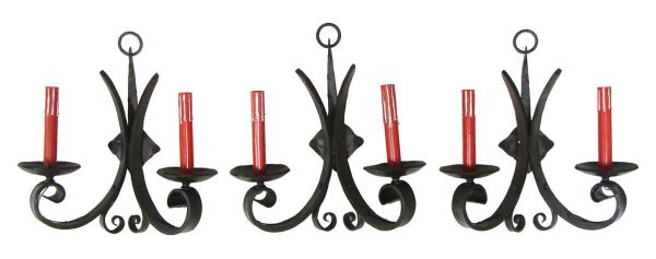 Sconces & Wall Lighting - Set of 3 Cast Iron Gothic Sconces with Red Candlesticks