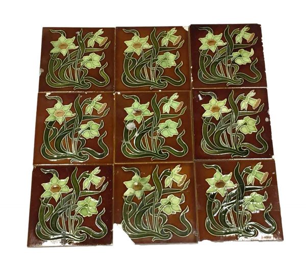 Wall Tiles - Antique Brown Floral Tile with Green Flowers