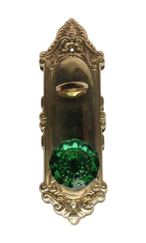 Door Knob Sets - Green Glass Door Knob with Polished Brass Back Plate