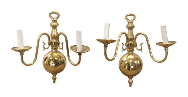 Sconces & Wall Lighting - Pair of Colonial Polished Brass 2 Arm Sconces
