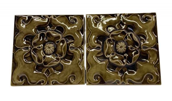 Collectors Tiles - Pair of Dark Green Floral 6 x 6 Wall Tiles