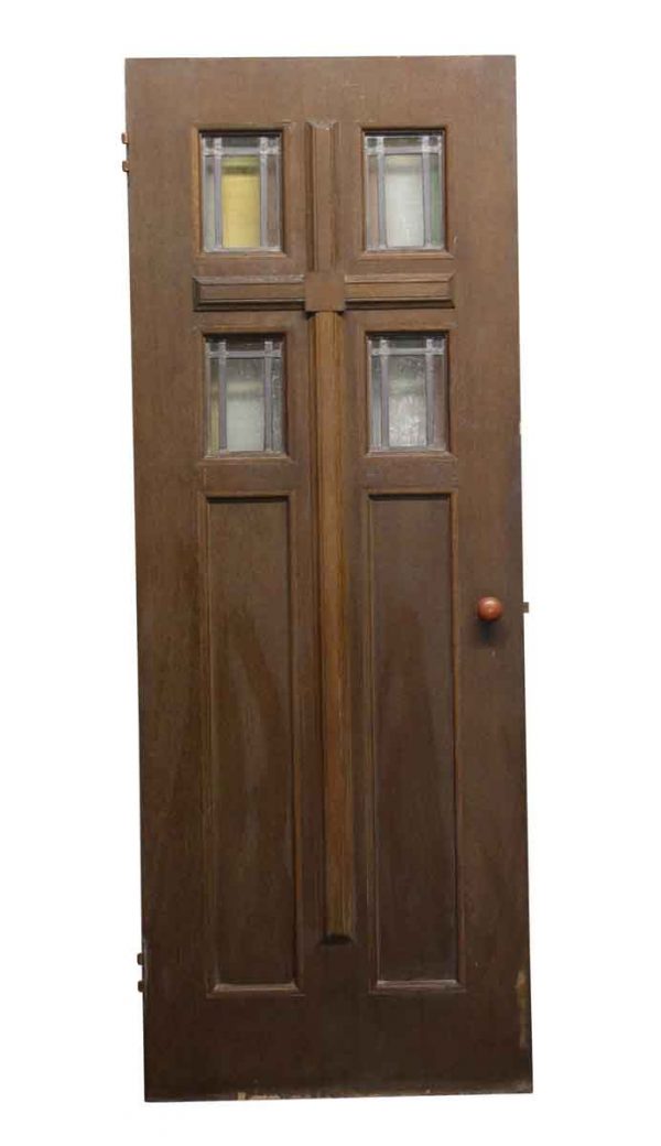 Commercial Doors - Oak Door with Pastel Stained Glass and Cross Molding