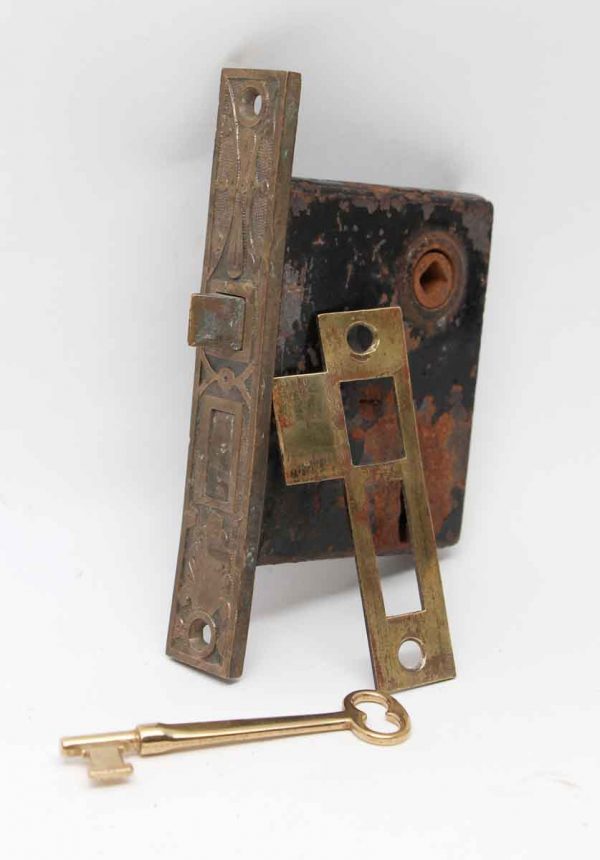 Door Locks - Cast Iron Mortise Lock with Brass Ornate Faceplate