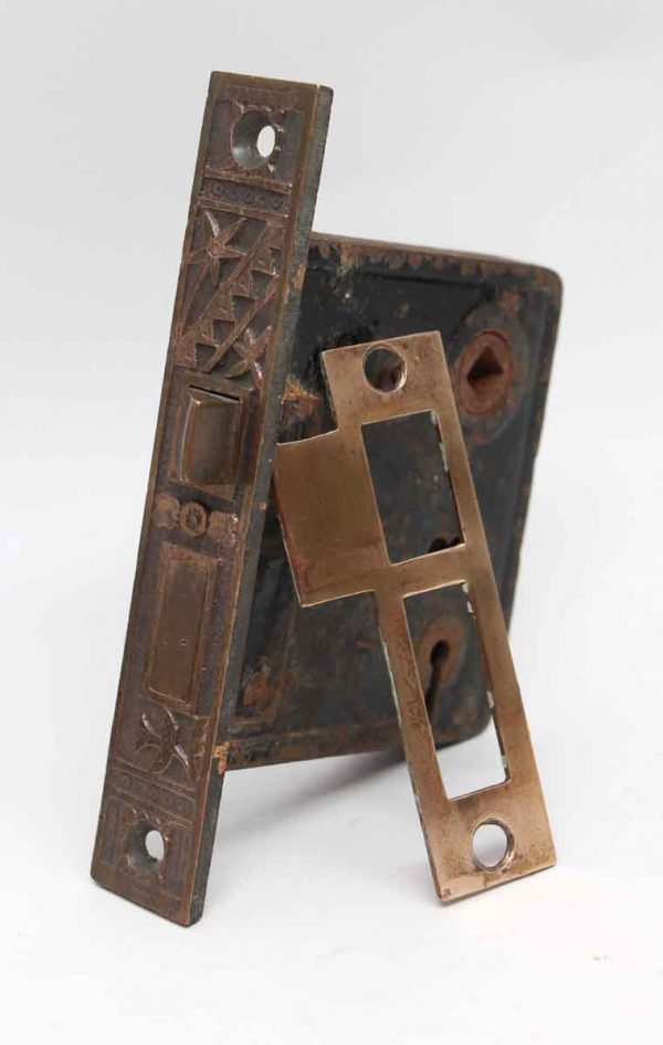 Door Locks - Iron Antique Mortise Lock with Ornate Brass Faceplate