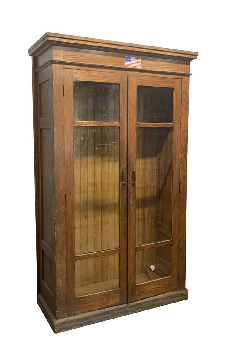 Standing Oak Display Cabinet With Glass Front Doors Olde Good Things