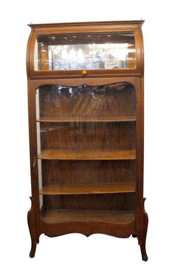 Cabinets - Wooden Antique Curio Cabinet with Curved Glass Top & Beveled Mirror