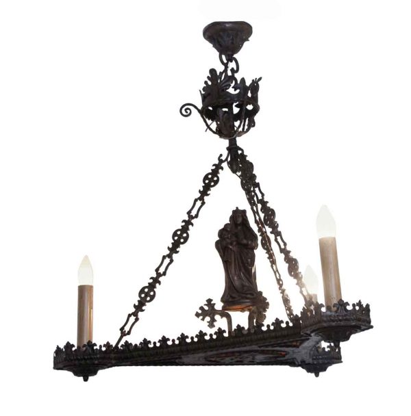 Chandeliers - Figural Chandelier with Mica Inset & Hand Carved Wood Statue