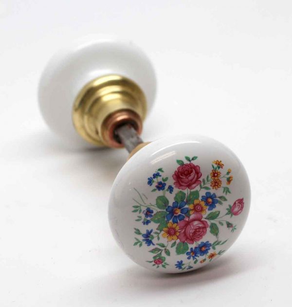Door Knobs - Pair of White Porcelain Floral Door Knobs
