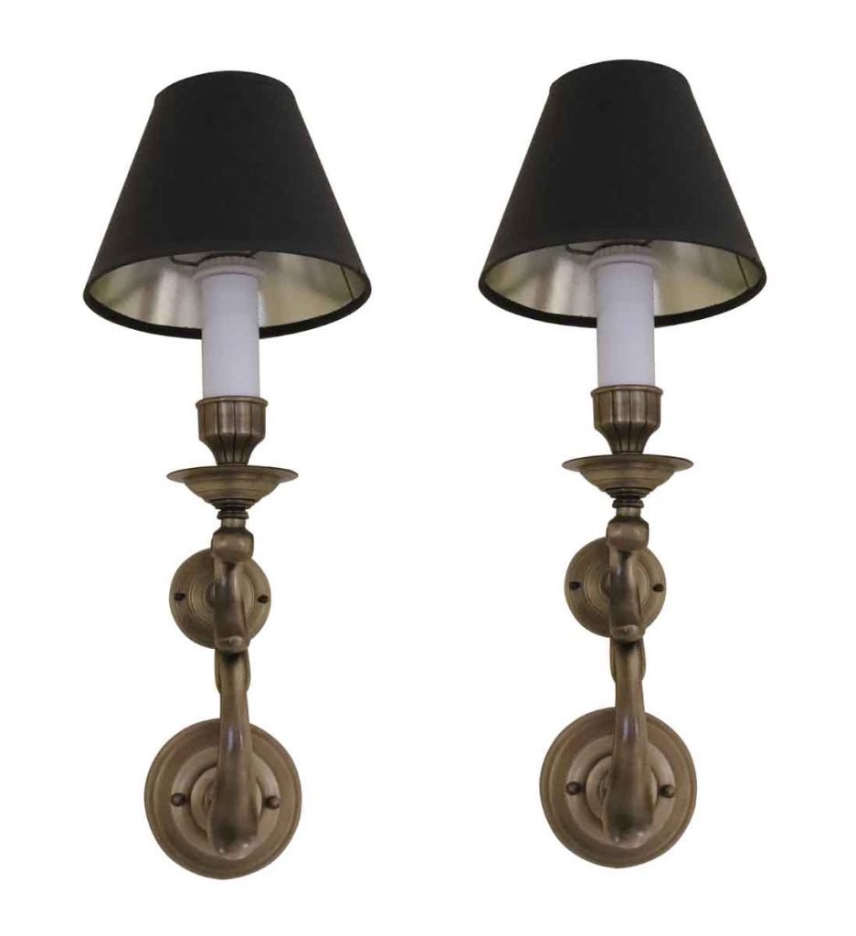 Pair of Waldorf Astoria Brass Sconces with Black Shades | Olde Good Things