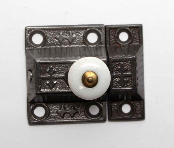 Cabinet & Furniture Latches - Antique Cast Iron Ornate Cabinet Latch with Porcelain Knob