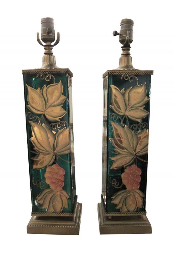Table Lamps - French Emerald Glass Hand Painted Lamps