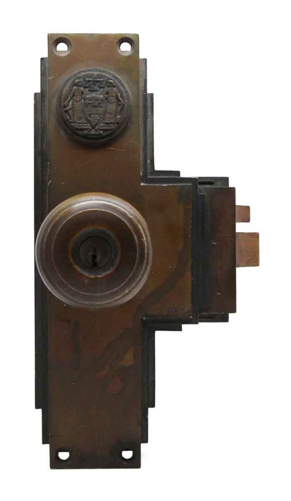 Door Knob Sets - Philadelphia Civic Center Art Deco Bronze Monolock Door Knob Set