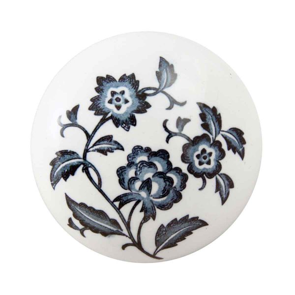 Door Knobs - Vintage White Ceramic Door Knob with Blue Floral Detail