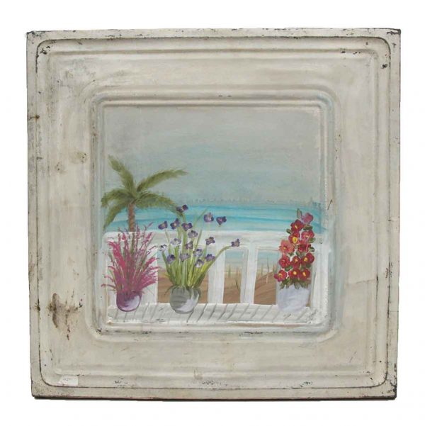 Hand Painted Panels - Hand Painted Vintage Tin Panel with Beach Scene