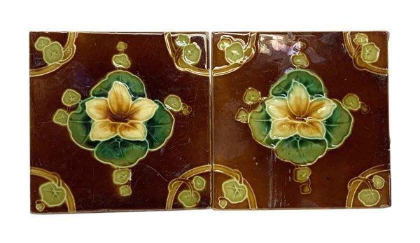 Wall Tiles - Pair of Antique Brown & Yellow Flower Tiles
