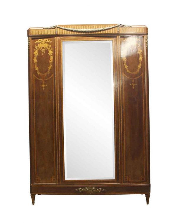 Armoires & Vitrines - Antique French Deco Walnut Mirrored Armoire