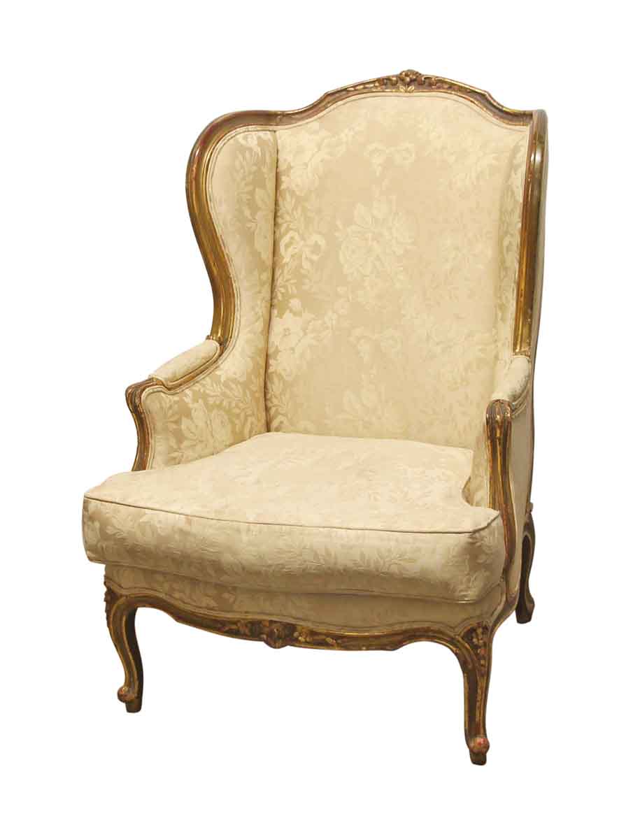 Antique Carved Wood Stuffed Wing Back, Antique Wooden Wingback Chair