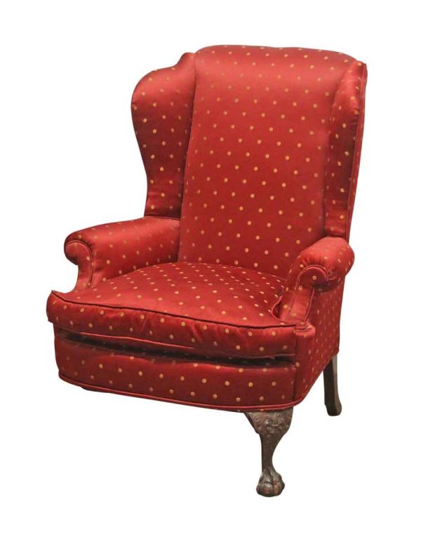 Living Room - Antique Red Upholstered Arm Chair with Carved Wooden Legs