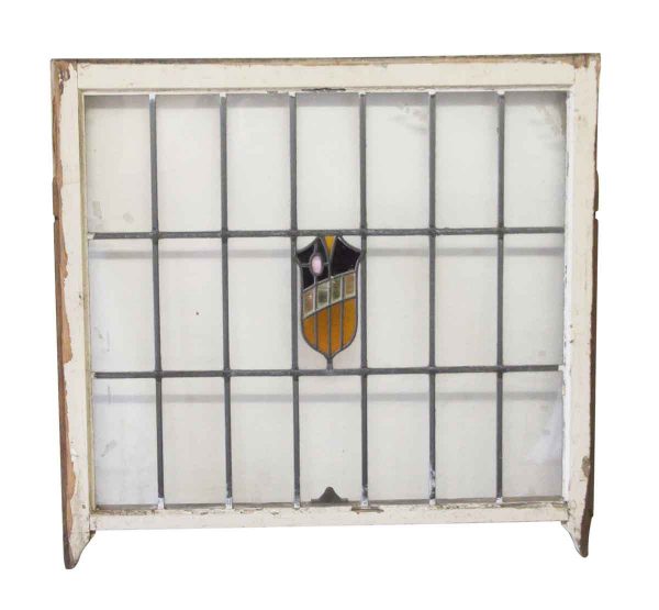Stained Glass - Antique 34 x 36 Leaded Glass Window with Shield Motif