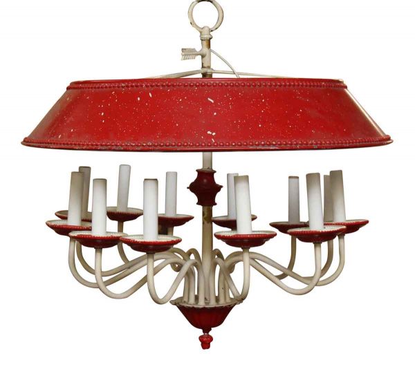 Chandeliers - 12 Light Red Colonial Chandelier with Large Red Shade